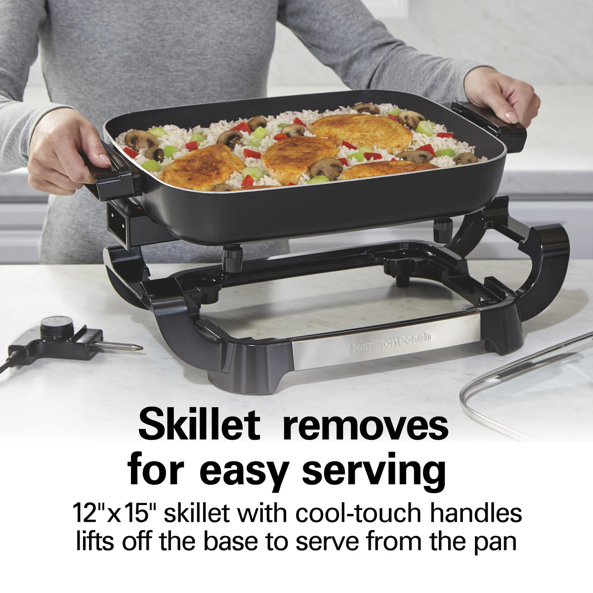 Hamilton Beach Electric Skillet with Lid, 12" x 15" Ceramic Cooking Surface, Reversible Pan, Grey