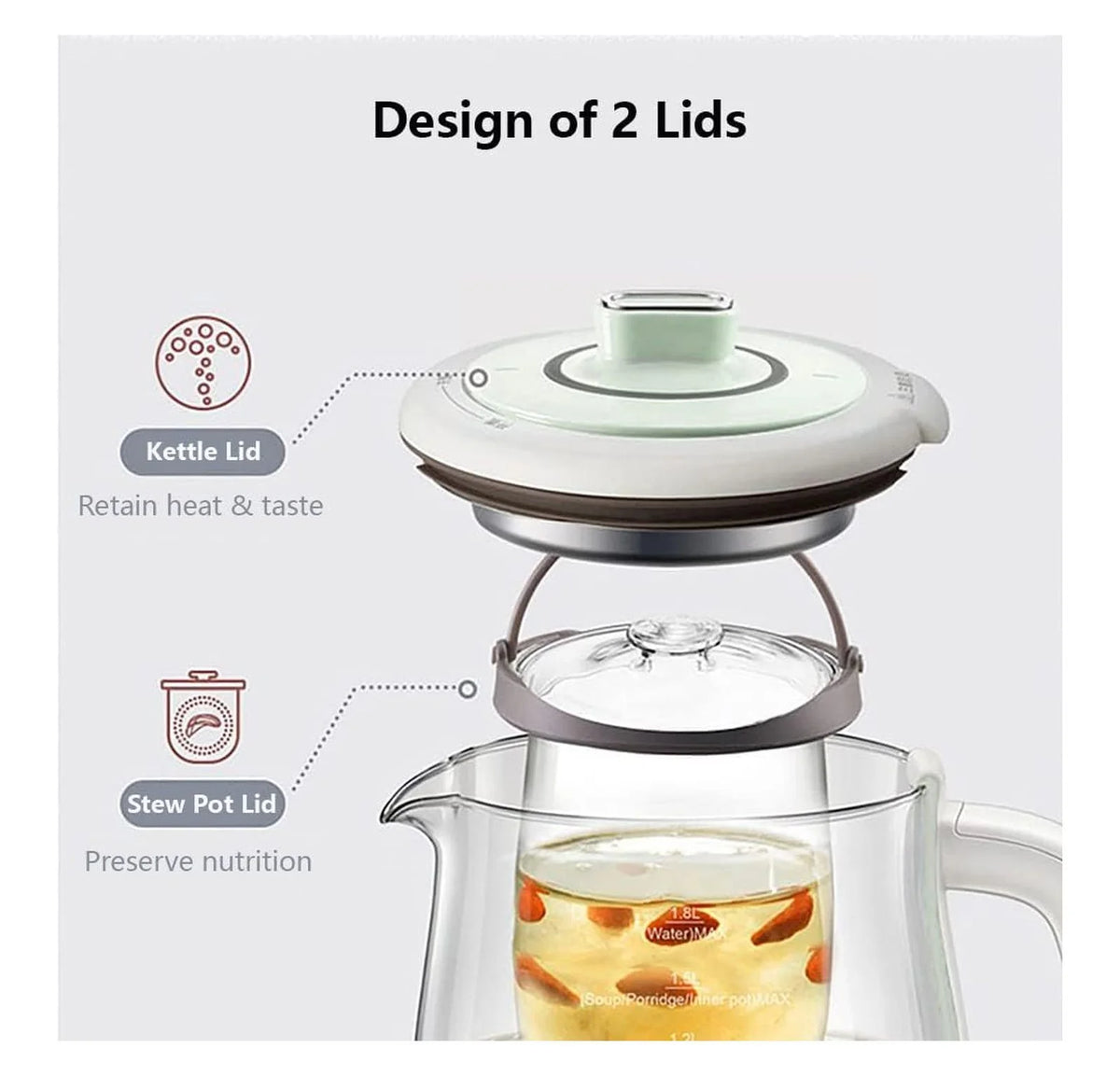 Bear Electric Kettle with Infuser & Stew Pot - 1.8 L Health Pot, 16 Menus, Glass Kettle, Tea Maker, 120V, Green
