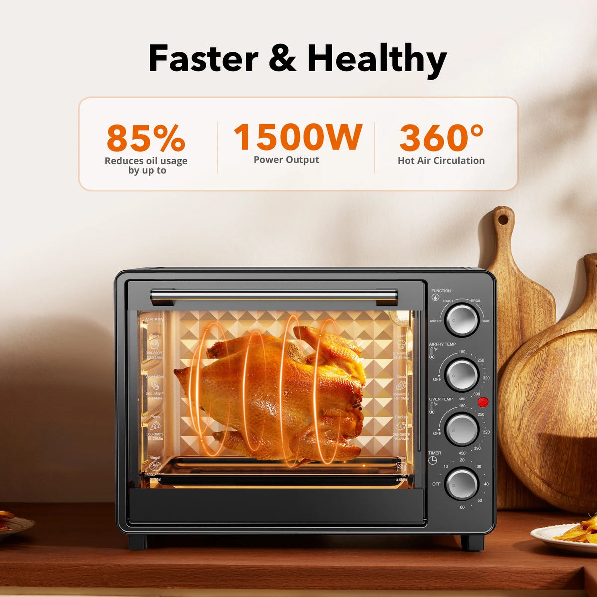 34 QT Super - Large Air Fryer, Oil - Less Air Fryer Toaster Oven Combo with Pizza, Warm, Broil, Toast, Bake, Air Fry, 5 Functions - Black