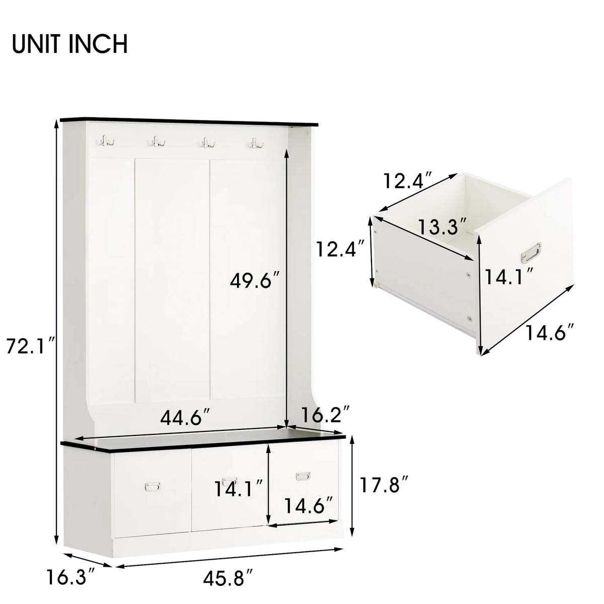 Hall Tree with Upholstered Bench and Coat Rack, Entryway Bench with 3 Hooks, 3 Open Shelves, 2 Drawers & Storage Cabinets, Mudroom Bench with Storage and Hooks for Foyer, Entry Way, Hallway (Beige)