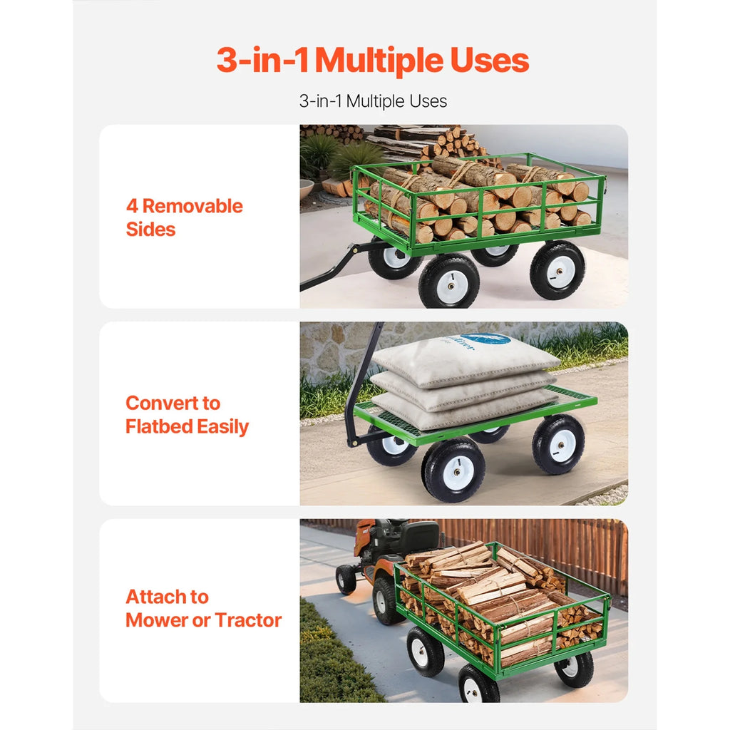 KFFKFF Mesh Steel Garden Cart 1200 lb, 43.3 x 29.5 " Heavy Duty Utility Wagon Cart, Pullable Metal Garden Trolley with 13' All-Terrain Tires, Removable Mesh Sides, 180swiveling Handle (Green)