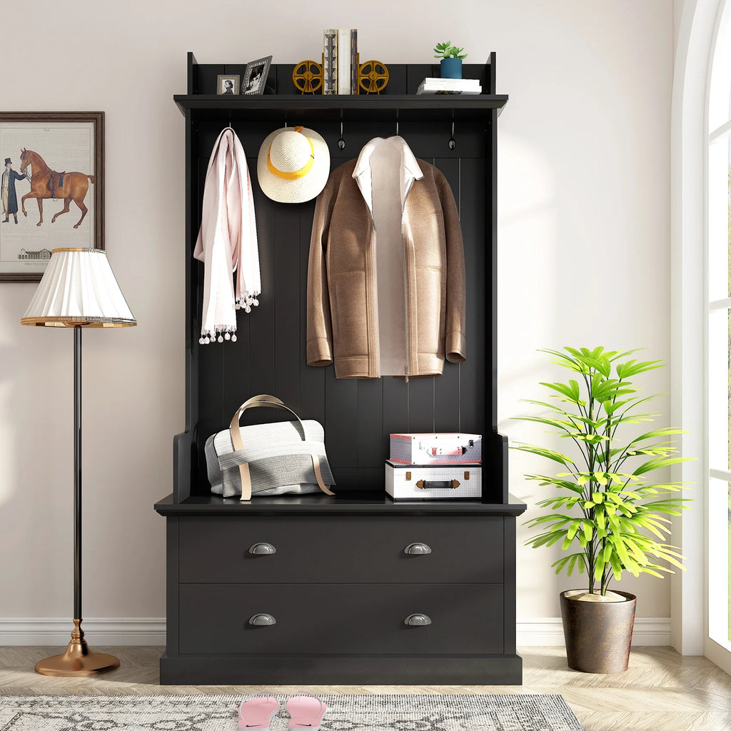 Hall Tree with Upholstered Bench and Coat Rack, Entryway Bench with 3 Hooks, 3 Open Shelves, 2 Drawers & Storage Cabinets, Mudroom Bench with Storage and Hooks for Foyer, Entry Way, Hallway (Beige)