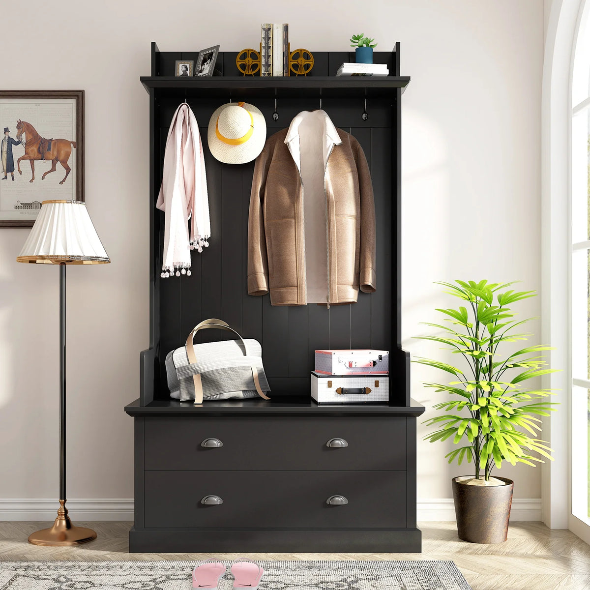Hall Tree with Upholstered Bench and Coat Rack, Entryway Bench with 3 Hooks, 3 Open Shelves, 2 Drawers & Storage Cabinets, Mudroom Bench with Storage and Hooks for Foyer, Entry Way, Hallway (Beige)