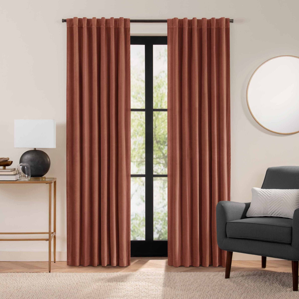 Eclipse Luxury Cotton Velvet 100% Blackout Rod Pocket Back Tab Curtain Window Panel - Copper - 96x50