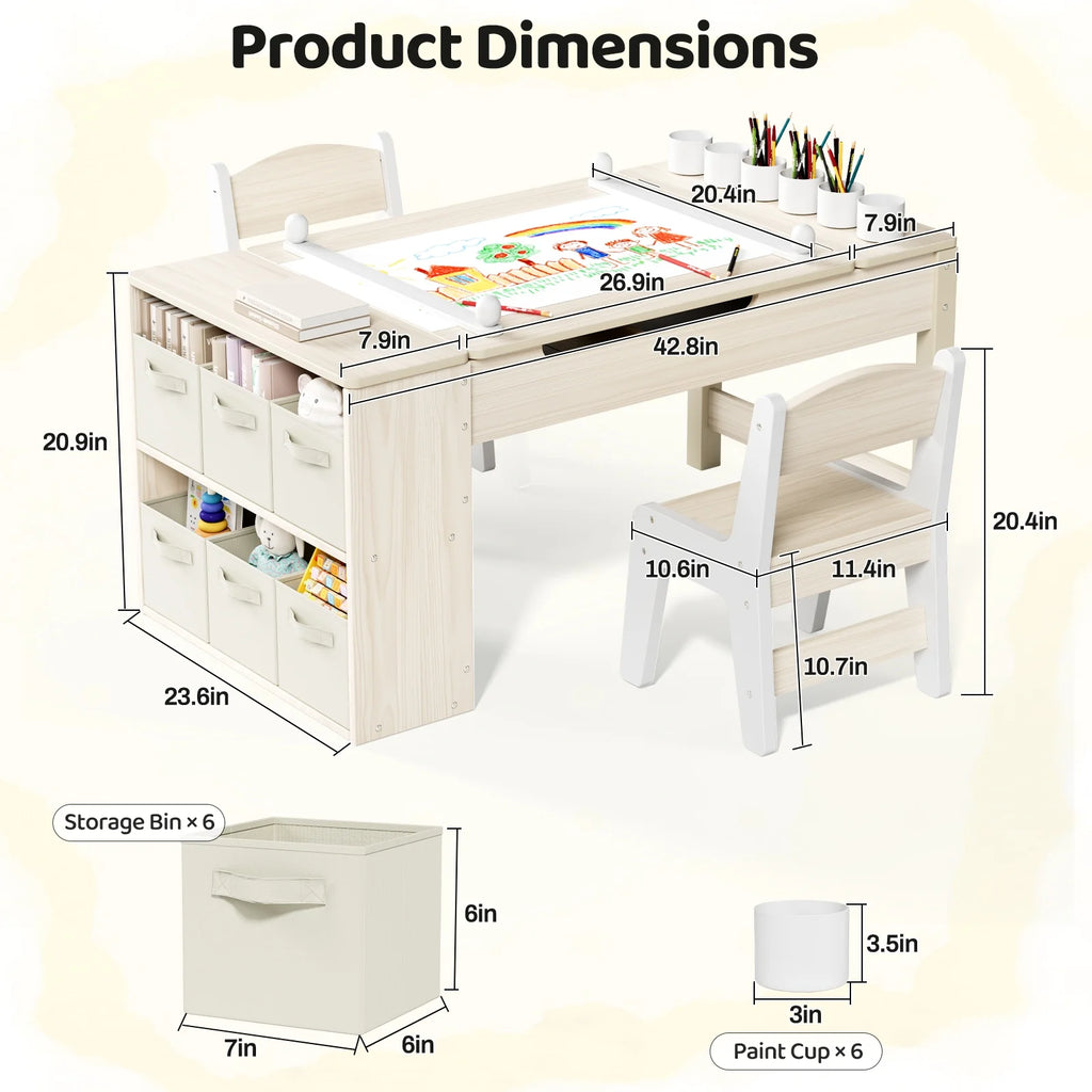 LAZY BUDDY Kids Art Table and 2 Chairs Set, 2 in 1 Easel & Toddler Craft Table and Chairs Set with Storage Bins, Paint Cups and Paper Roll, Activity Table Set for Children 3+