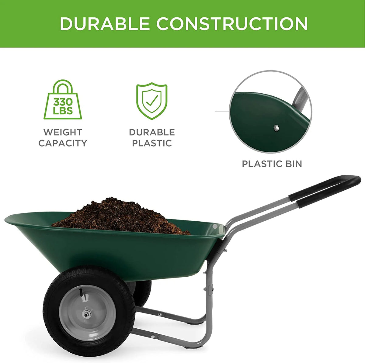SEEKOL Dual - Wheel Home Utility Yard Wheelbarrow Garden Cart W/Built - in Stand for Lawn, Gardening, Construction, Green