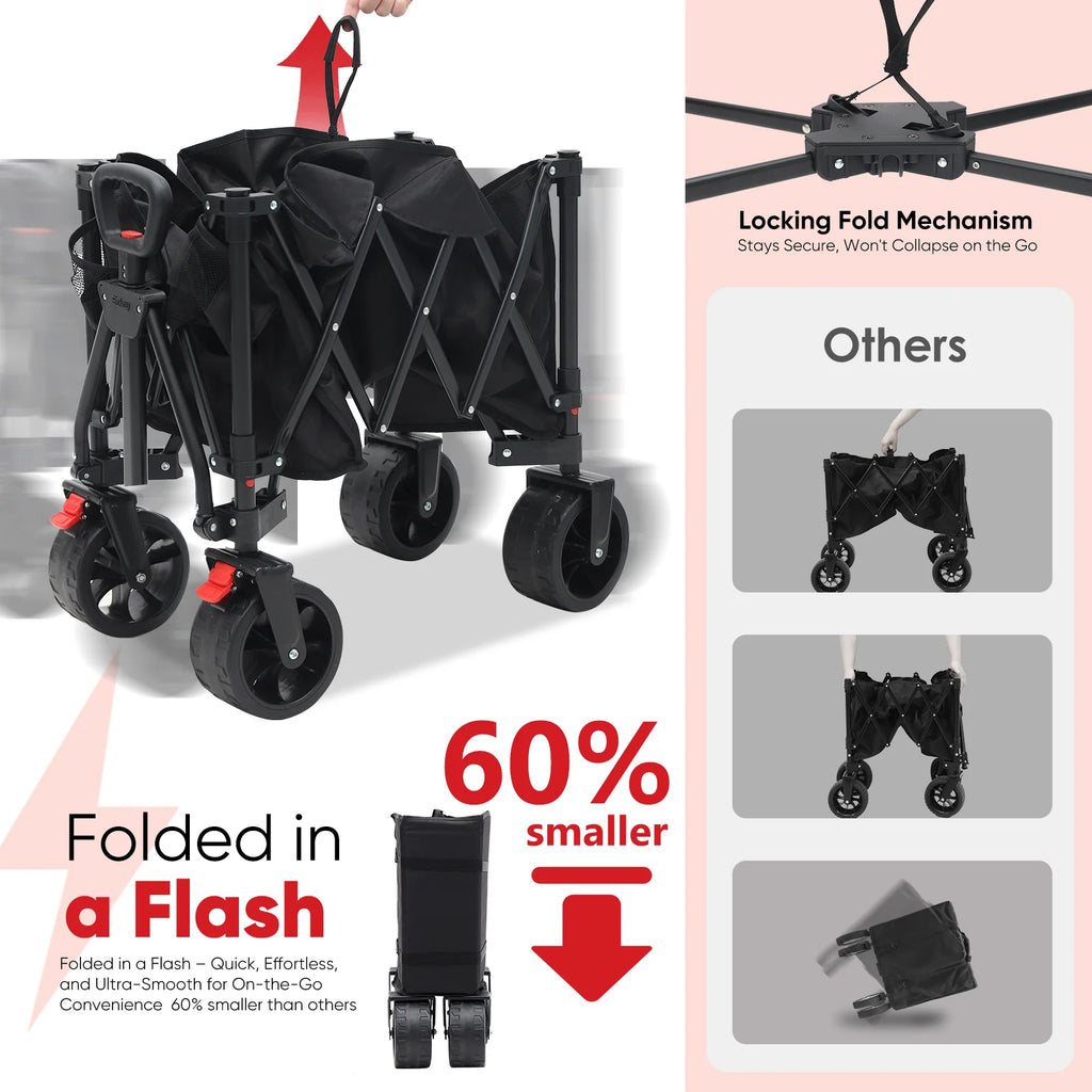 Sekey 330 lb Collapsible Wagon Cart, 220 L Large Capacity Foldable Wagon, Heavy Duty Folding Utility Garden Cart with All - Terrain Wheels for Camp, Beach, Sport, Shop, Grocery (Black, 1 - YEAR - WARRANTY)