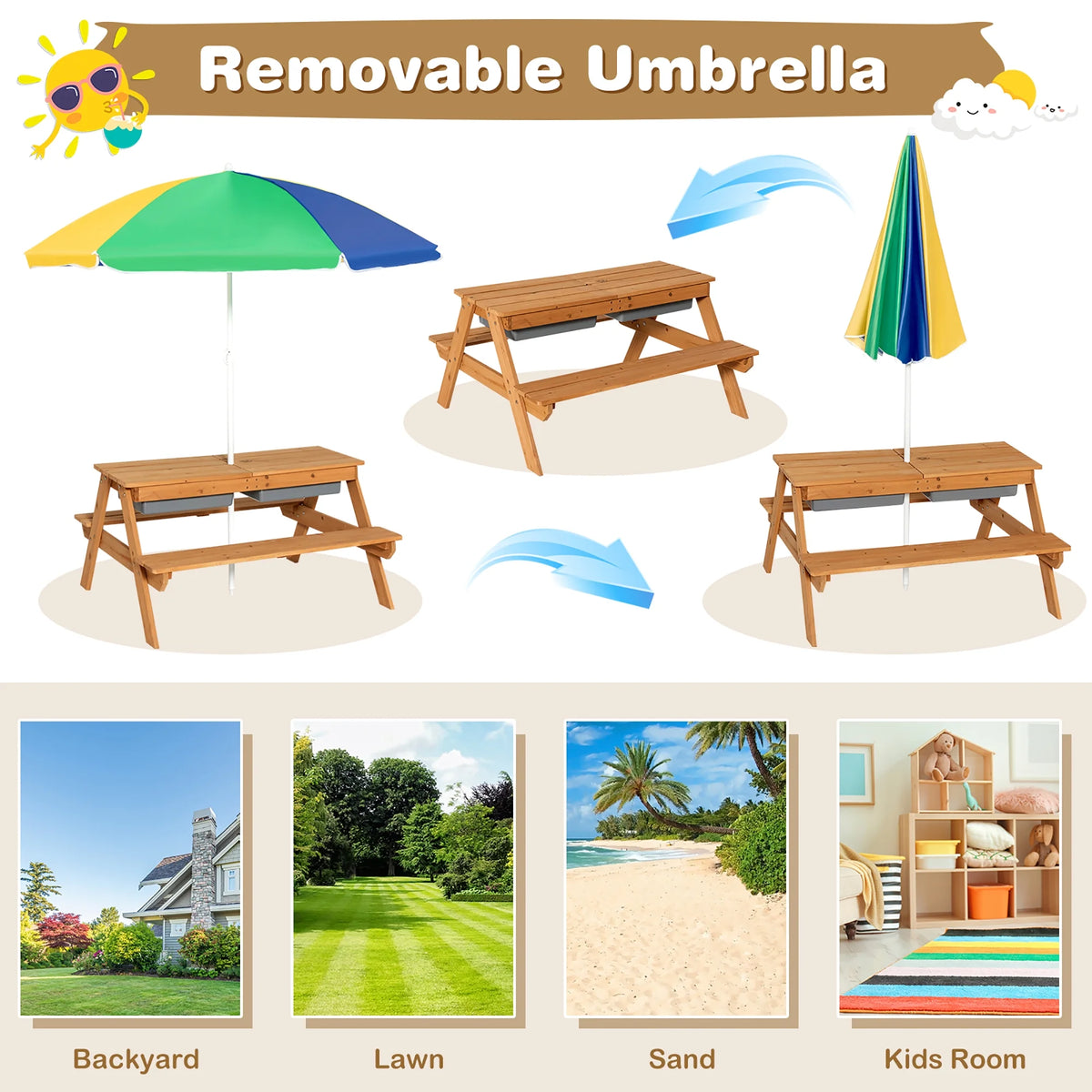 Costway 3 - in - 1 Kids Picnic Table Wooden Outdoor Sand & Water Table with Umbrella Play Boxes Green