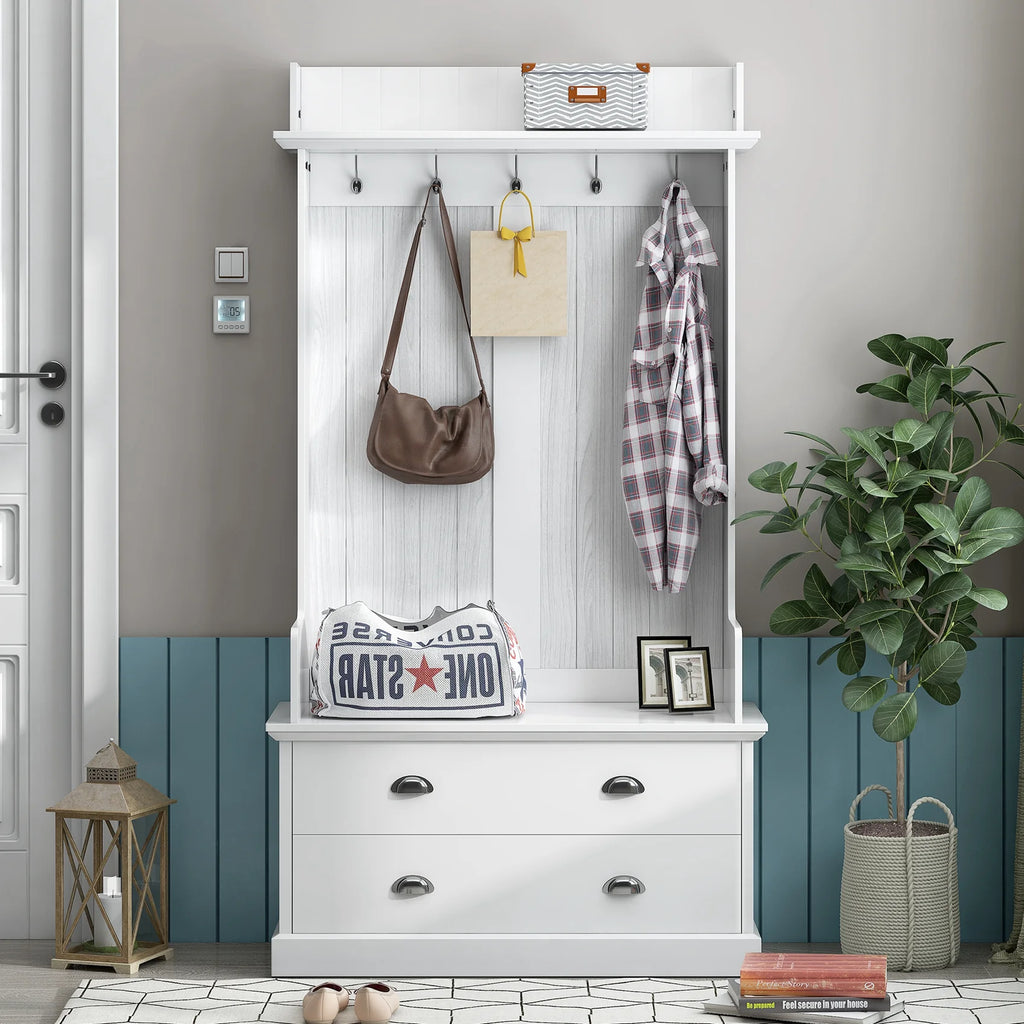 Hall Tree with Upholstered Bench and Coat Rack, Entryway Bench with 3 Hooks, 3 Open Shelves, 2 Drawers & Storage Cabinets, Mudroom Bench with Storage and Hooks for Foyer, Entry Way, Hallway (Beige)