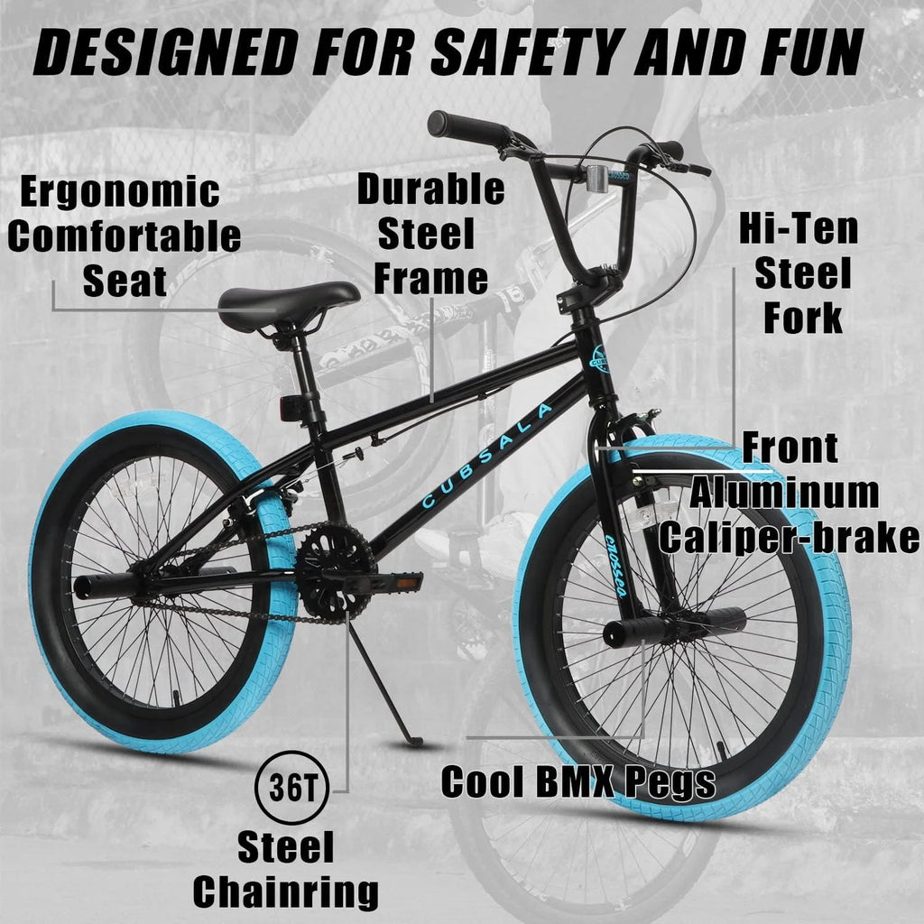 Cubsala 20 in Kids BMX Bike Freestylefor Age 6 - 14 Years Old Boys Girls with 4 Pegs, Black with Red Tires