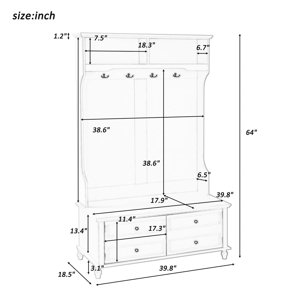 Hall Tree with Upholstered Bench and Coat Rack, Entryway Bench with 3 Hooks, 3 Open Shelves, 2 Drawers & Storage Cabinets, Mudroom Bench with Storage and Hooks for Foyer, Entry Way, Hallway (Beige)