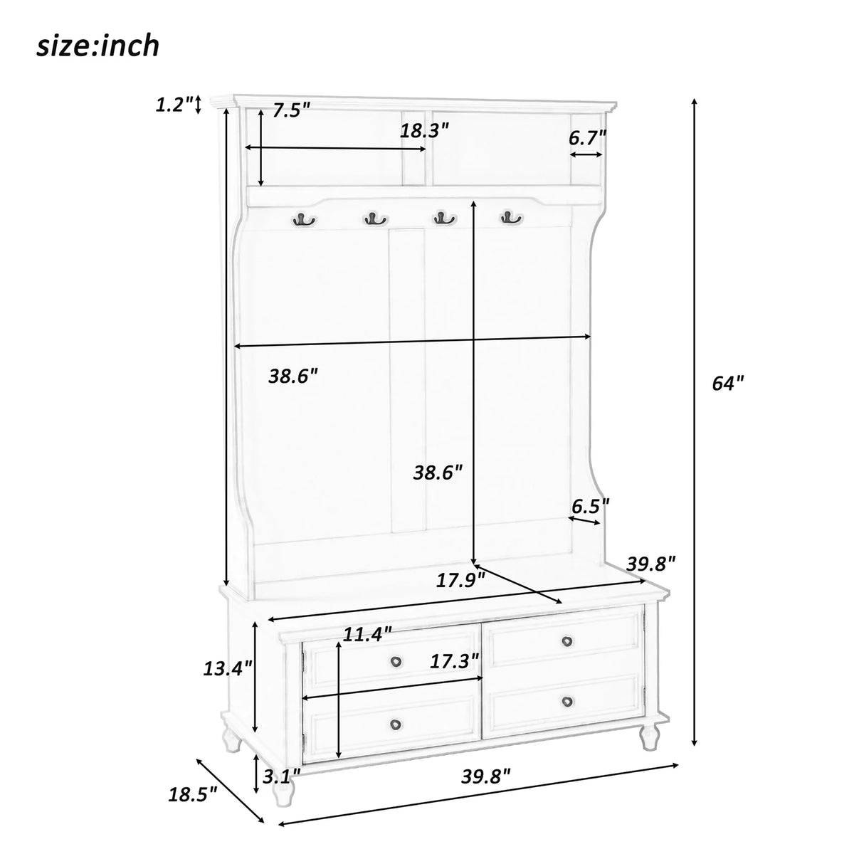 Hall Tree with Upholstered Bench and Coat Rack, Entryway Bench with 3 Hooks, 3 Open Shelves, 2 Drawers & Storage Cabinets, Mudroom Bench with Storage and Hooks for Foyer, Entry Way, Hallway (Beige)