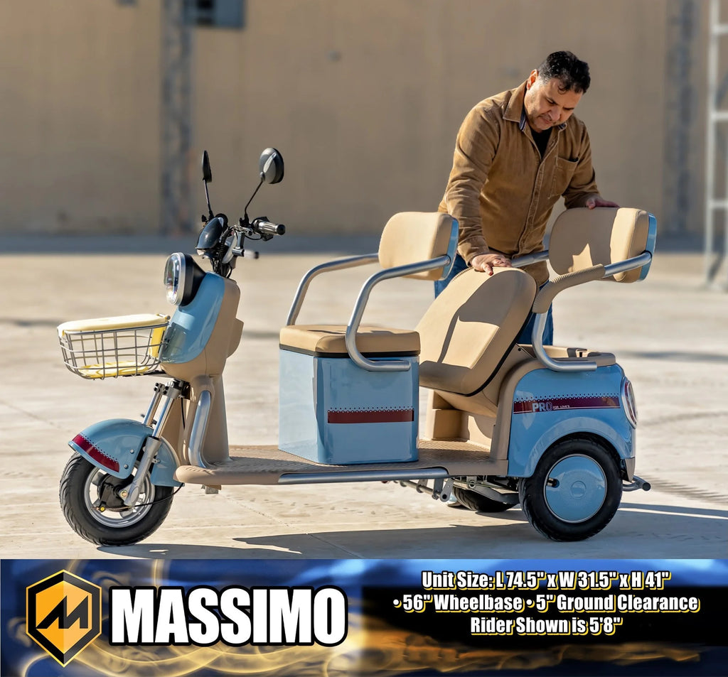 Massimo MGC E - Trike 3 - Wheel Electric Cart - 17 MPH, 2 - Seater Adult Scooter - Blue