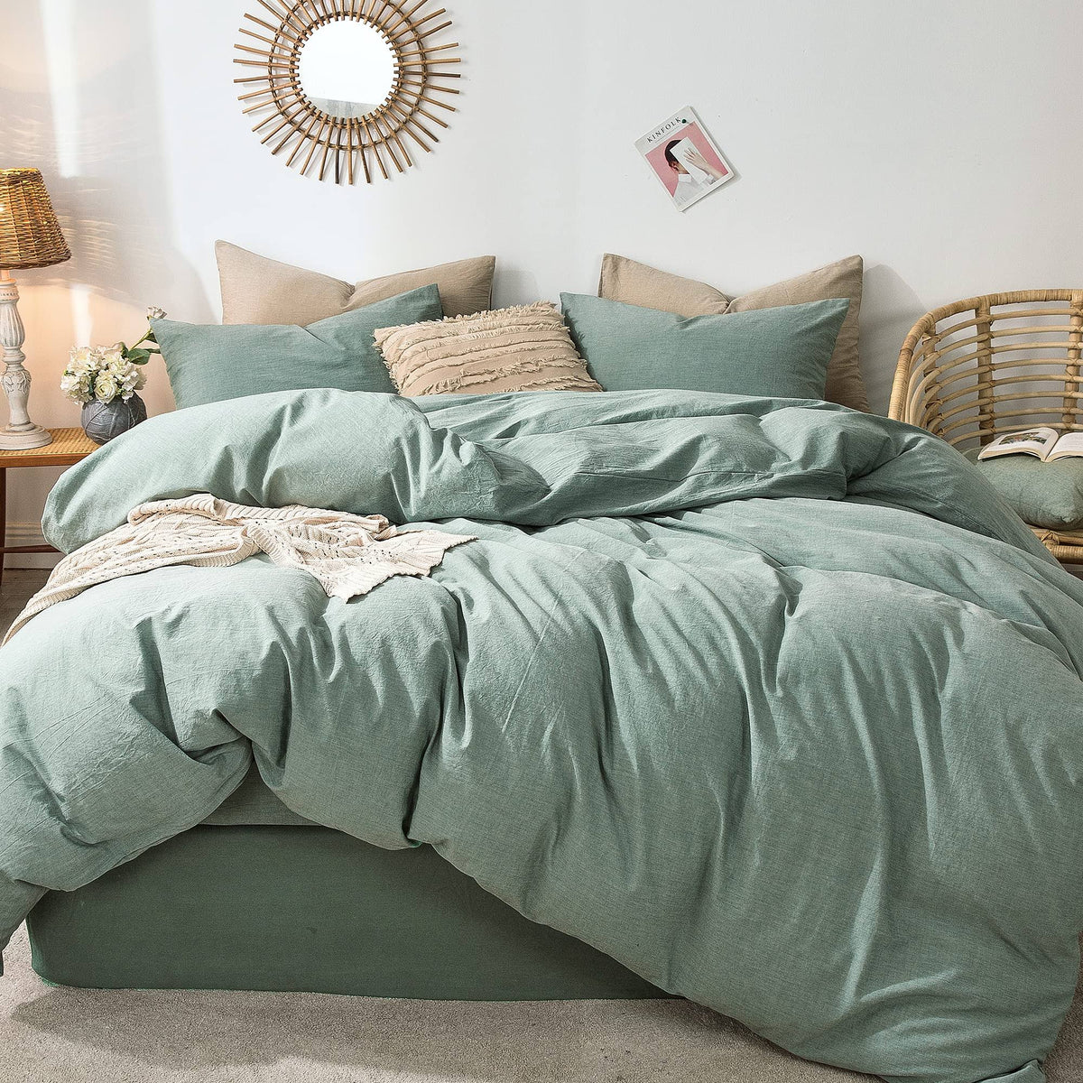 MooMee Bedding Duvet Cover Set 100% Washed Cotton Linen Like Textured Breathable Durable Soft Comfy (Green Queen)