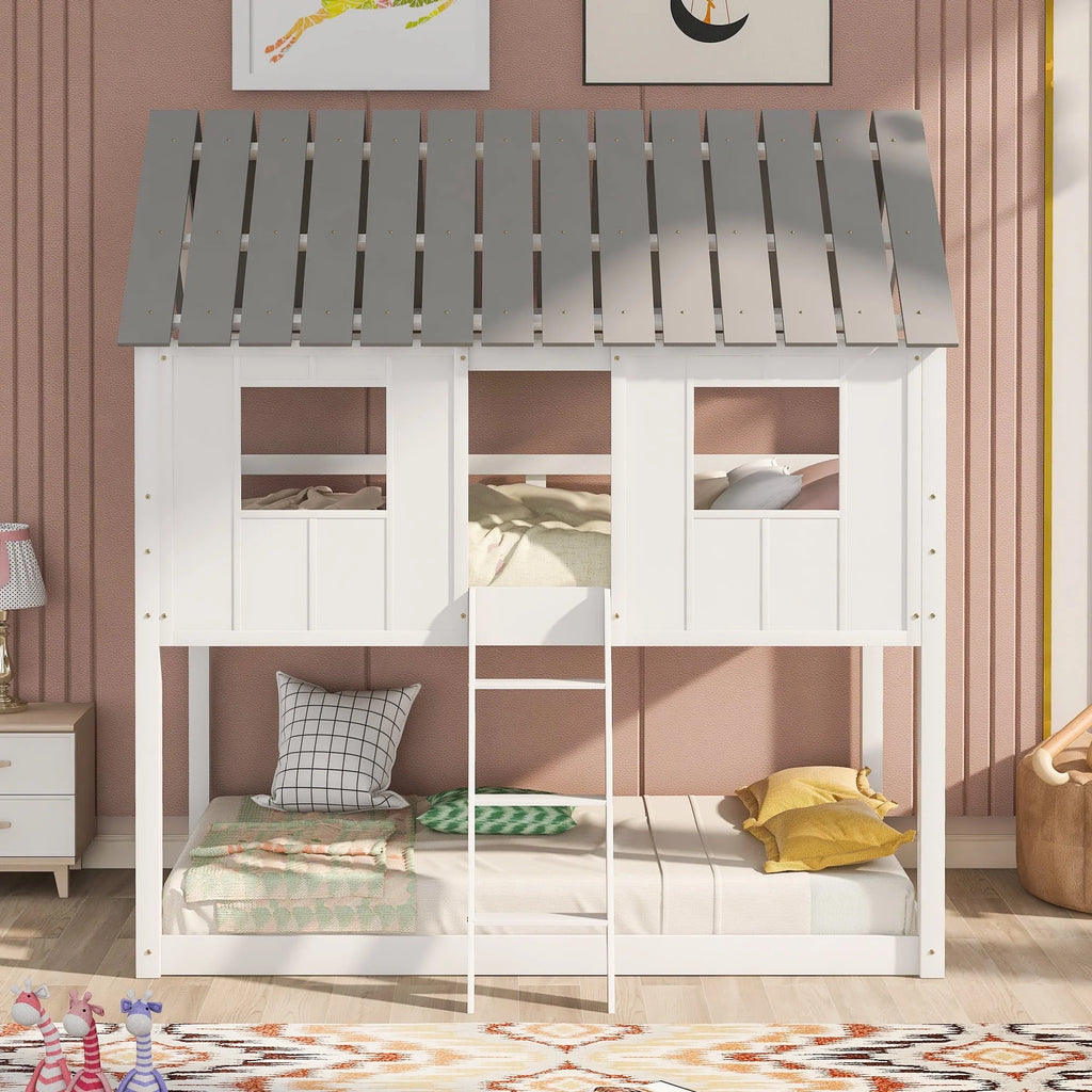 Euroco Twin Over Twin Low Bunk Bed with Roof and Guardrail for Kids Room, White