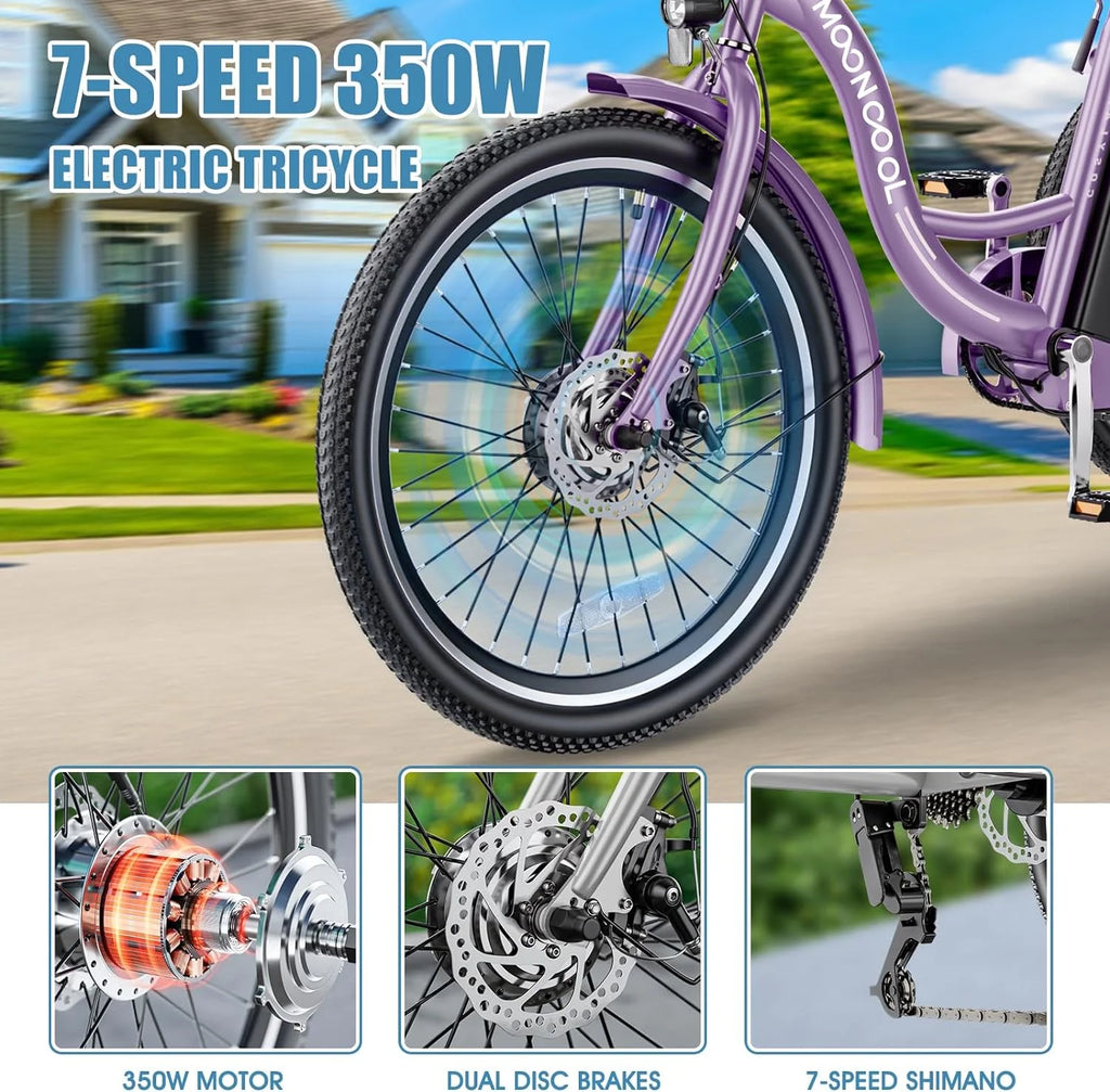 ABORON 24" 26" Electric Tricycles, 36V 10ah 350W Lithium Battery, 7 Speed E - Trike for Adults with Large Capacity Rear Basket & Adjustable Seat