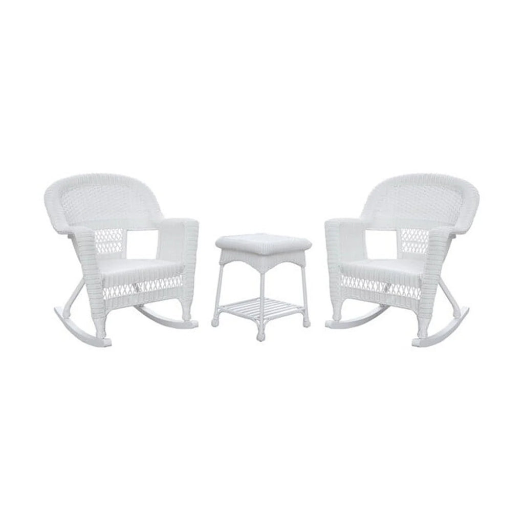 Jeco 3 Piece Resin Wicker Outdoor Patio Rocker Chair with End Table Set in White
