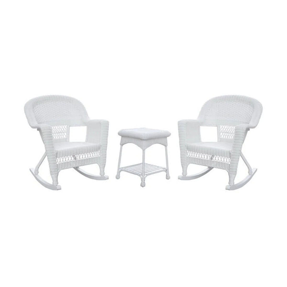 Jeco 3 Piece Resin Wicker Outdoor Patio Rocker Chair with End Table Set in White