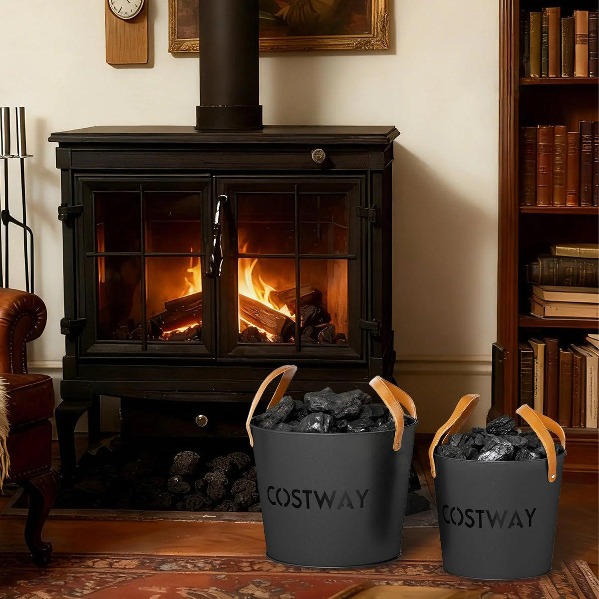 Tangkula Firewood Bucket Set of 2 with Reinforced Genuine Leather Handles
