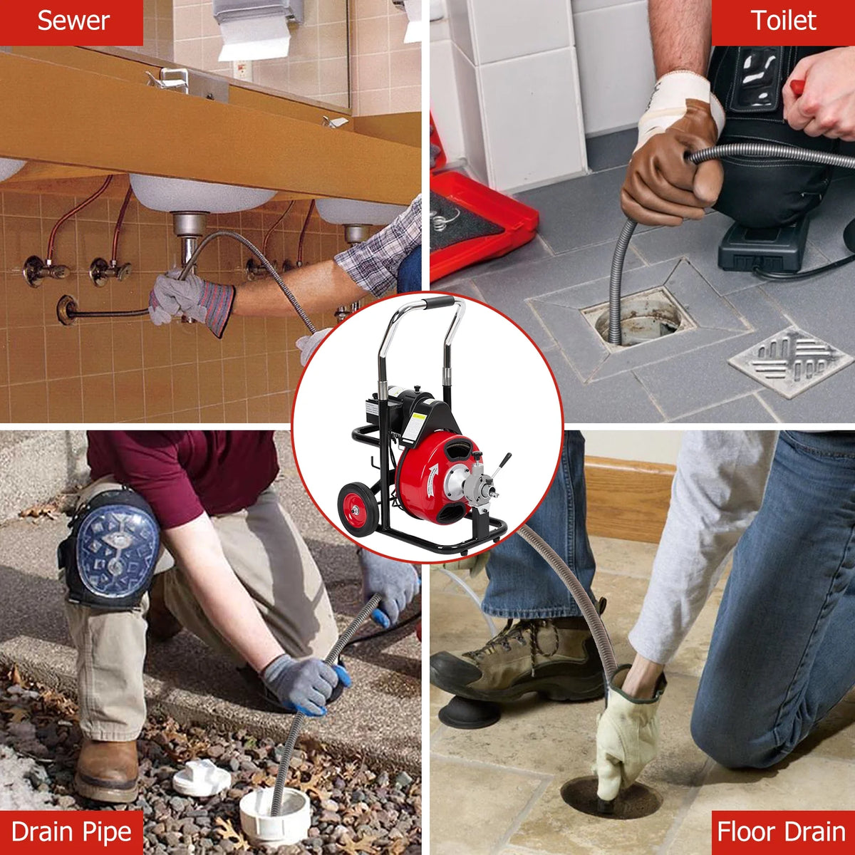 Roromall Drain Cleaner Machine 50FT/75FT/100FT x 3/8 - Inch/1/2 - Inch Sewer Auger Electric Drain Auger Sewer Snake with 4 Cutter, Air - Activated Foot Switch, Gloves