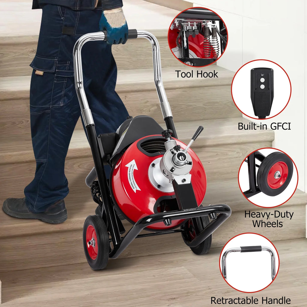 Roromall Drain Cleaner Machine 50FT/75FT/100FT x 3/8 - Inch/1/2 - Inch Sewer Auger Electric Drain Auger Sewer Snake with 4 Cutter, Air - Activated Foot Switch, Gloves
