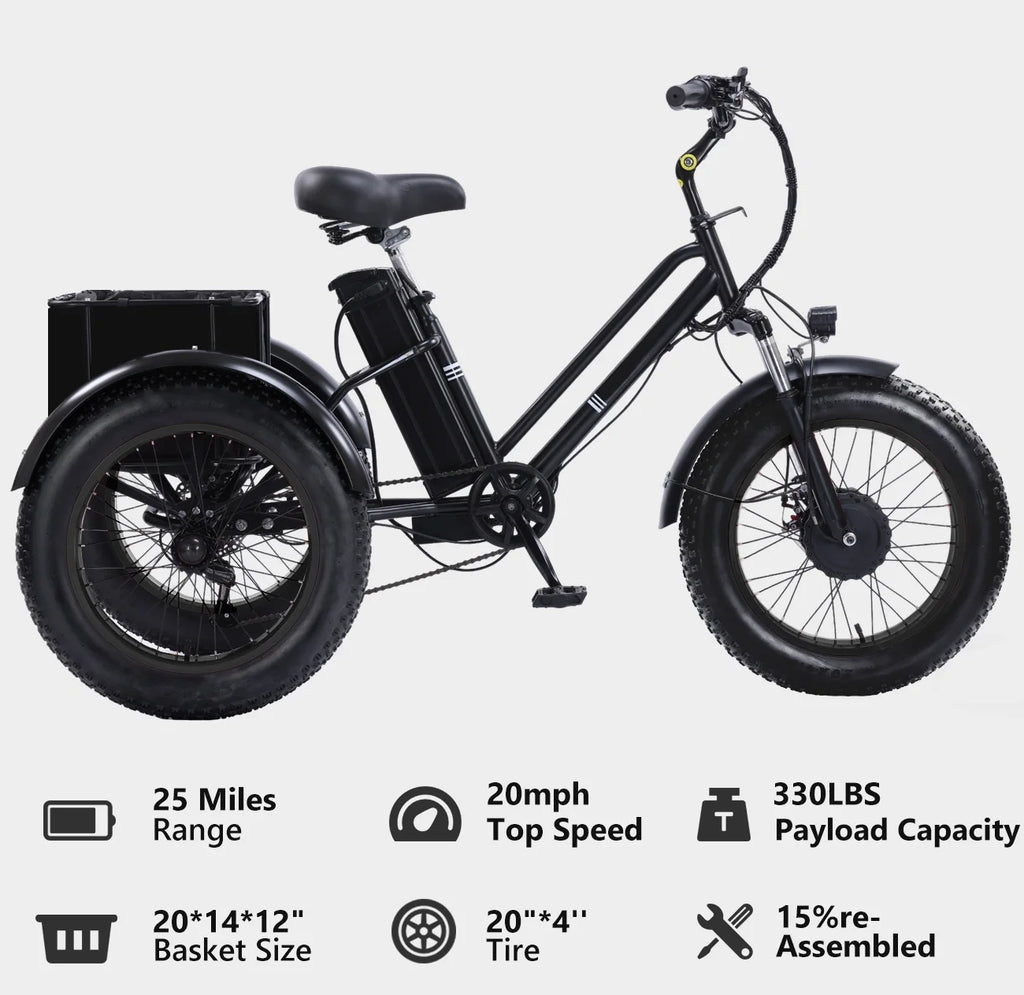 YEBEI Electric Tricycle for Adults Folding E - Trike Motorized Tricycle Electric 3 Wheels Trike Powerful 500W Motor Electric Tricycle 48V15AH Lithium Battery Max 20MPH 20*4.0" Fat Tire Orange
