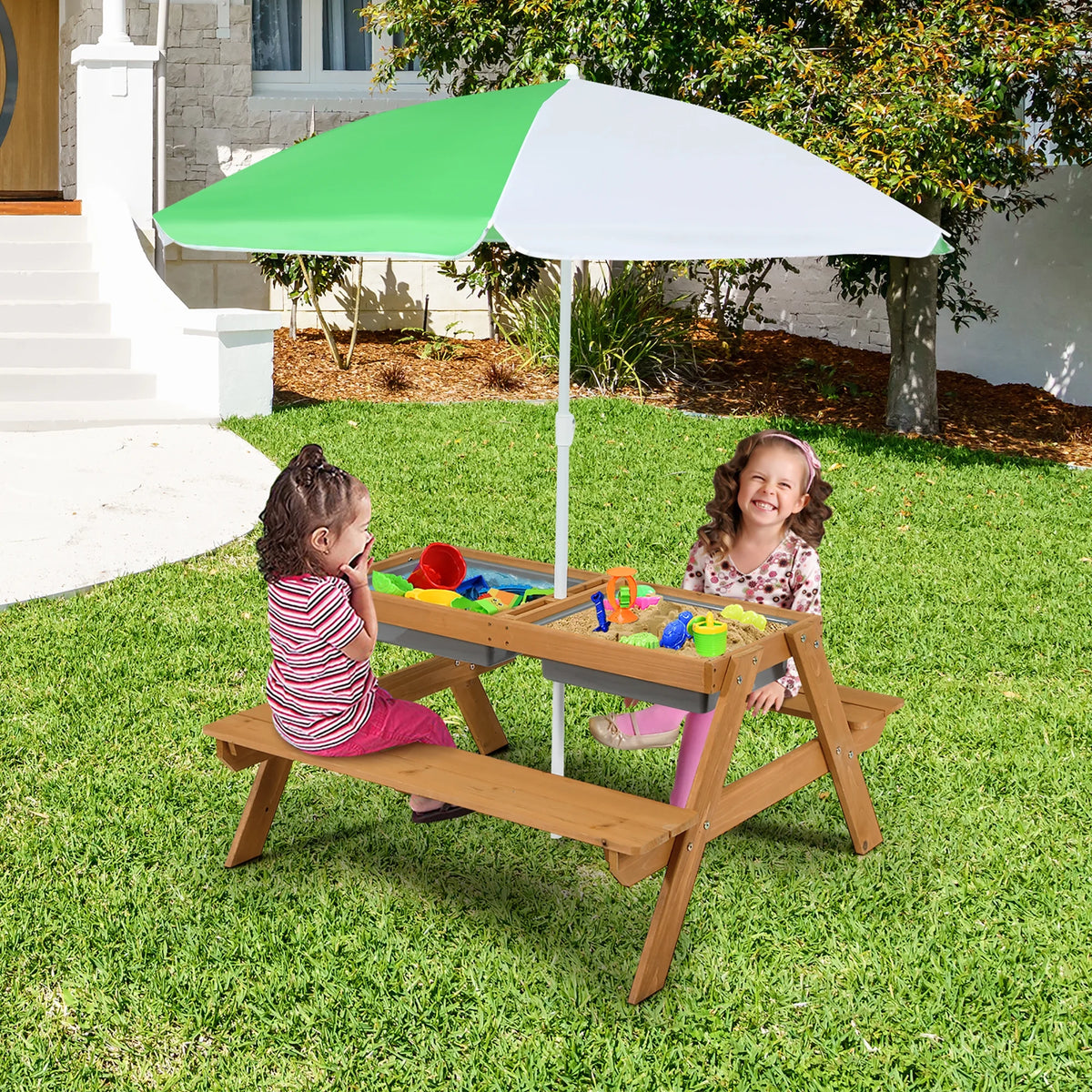 Costway 3 - in - 1 Kids Picnic Table Wooden Outdoor Sand & Water Table with Umbrella Play Boxes Green