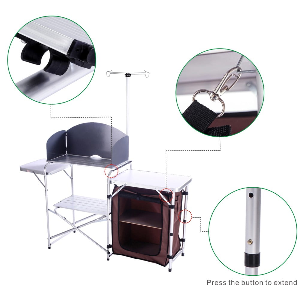 Folding Cooking Table Outdoor Portable Cook Station Aluminum Camping Kitchen with Storage Organizer.Silver