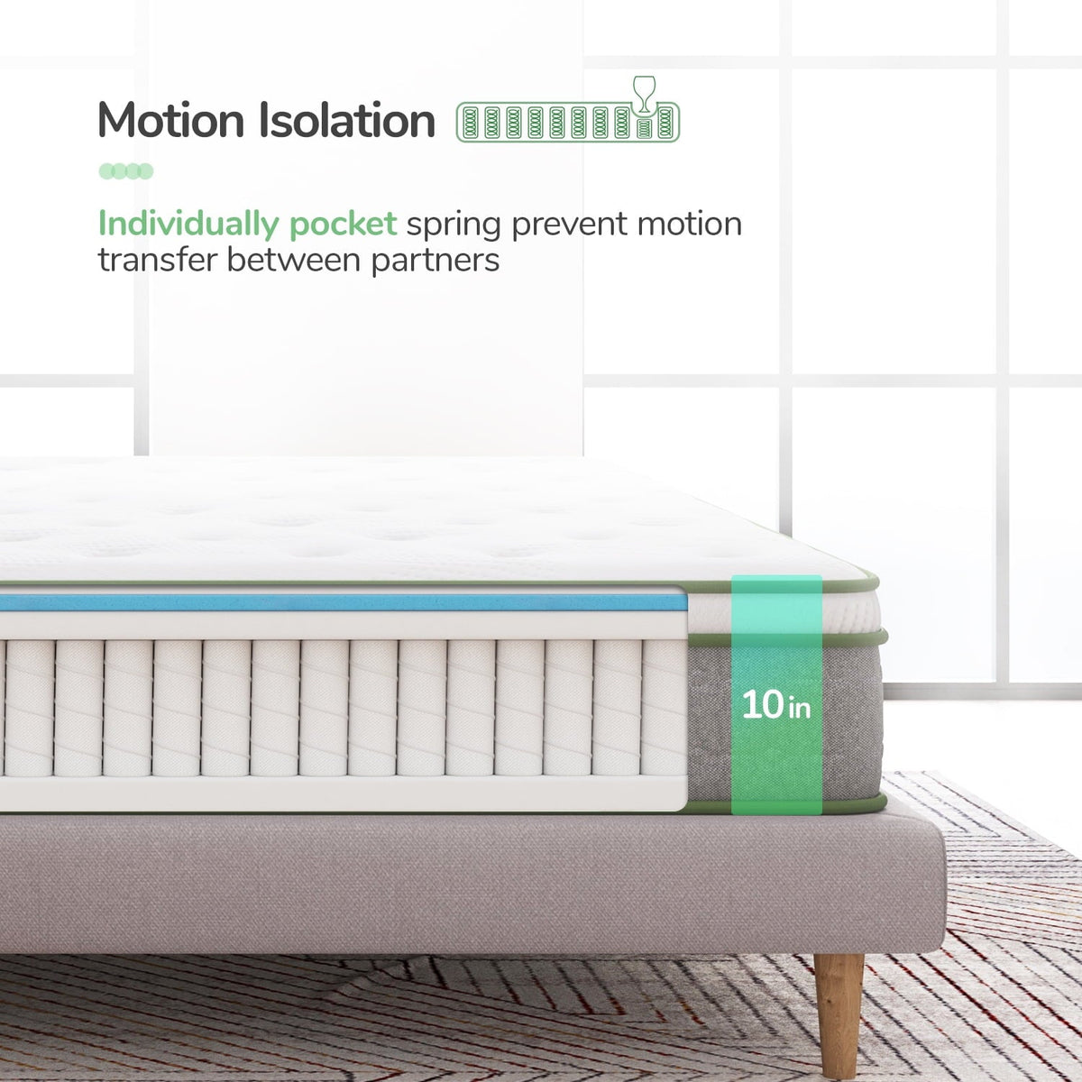 10'' Pocket Spring Hybrid Mattress in a Box for Cool Sleep. Queen Size Mattress
