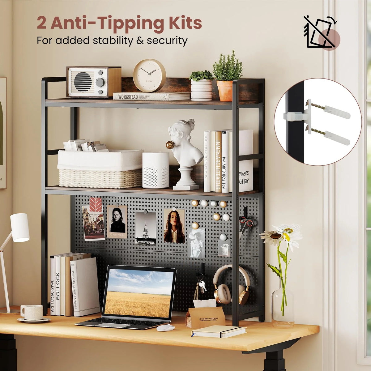 Tangkula Multipurpose 2-Tier Desk Hutch with Pegboard
