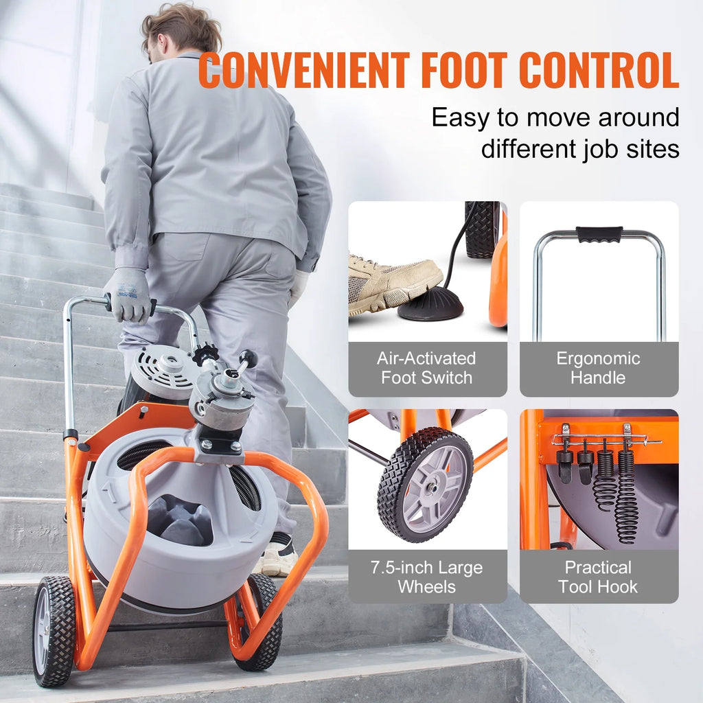 VEVOR Drain Cleaner Machine 100FT x 3/8 in, Auto Feed Sewer Snake Drain Auger on Wheels, Portable Drain Cleaning Machine with 8 Cutters & Air - Activated Foot Switch for 2" to 4" Pipes