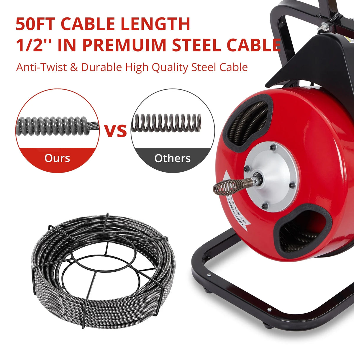 Roromall Drain Cleaner Machine 50FT/75FT/100FT x 3/8 - Inch/1/2 - Inch Sewer Auger Electric Drain Auger Sewer Snake with 4 Cutter, Air - Activated Foot Switch, Gloves