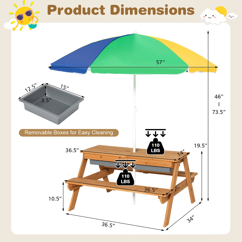 Costway 3 - in - 1 Kids Picnic Table Wooden Outdoor Sand & Water Table with Umbrella Play Boxes Green