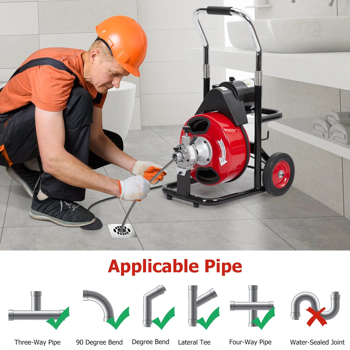 Roromall Drain Cleaner Machine 50FT/75FT/100FT x 3/8 - Inch/1/2 - Inch Sewer Auger Electric Drain Auger Sewer Snake with 4 Cutter, Air - Activated Foot Switch, Gloves