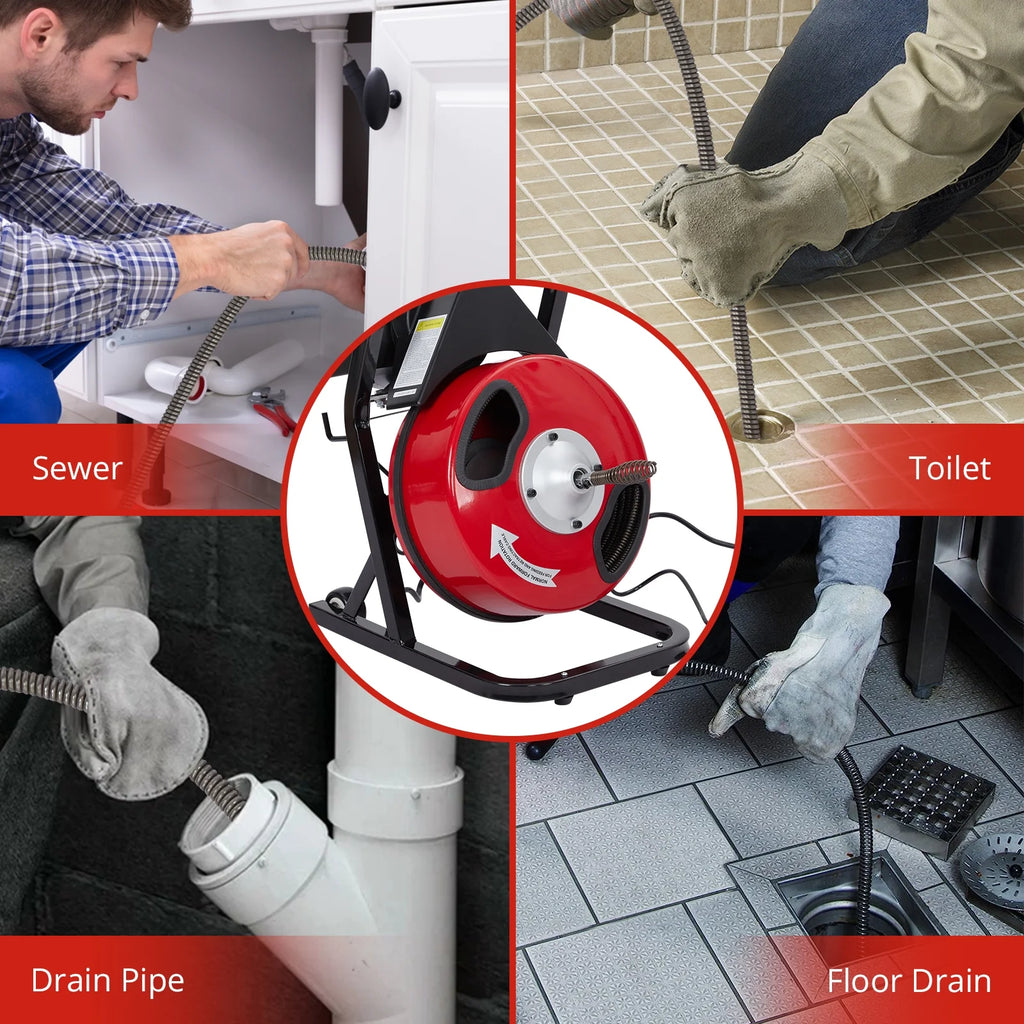 Roromall Drain Cleaner Machine 50FT/75FT/100FT x 3/8 - Inch/1/2 - Inch Sewer Auger Electric Drain Auger Sewer Snake with 4 Cutter, Air - Activated Foot Switch, Gloves
