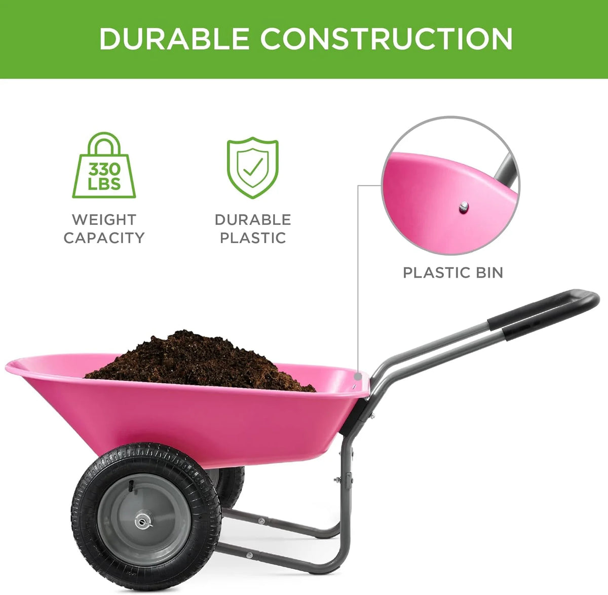 SEEKOL Dual - Wheel Home Utility Yard Wheelbarrow Garden Cart W/Built - in Stand for Lawn, Gardening, Construction, Green
