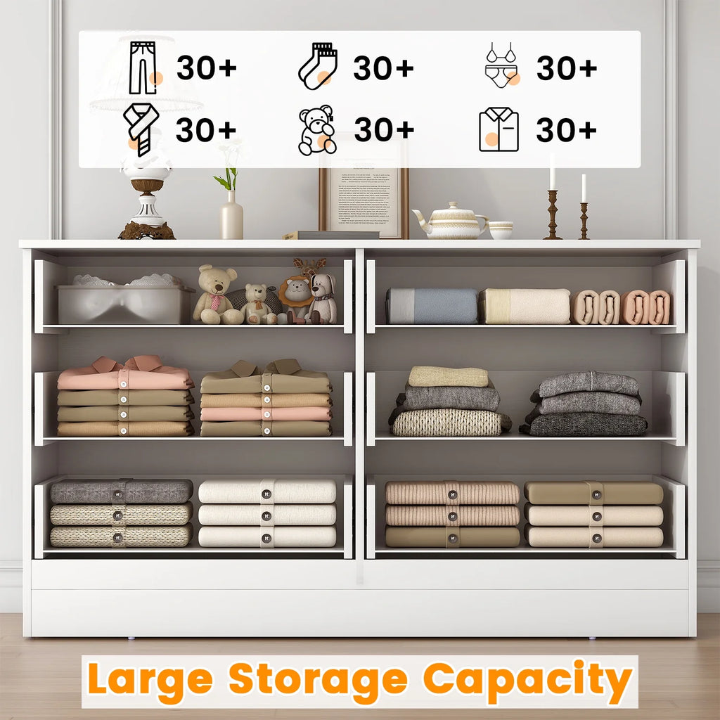 Winkalon 6 Drawer White Double Dresser, Wood Storage Cabinet with Easy Pull Out Handles for Living Room, Chest of Drawers for Bedroom