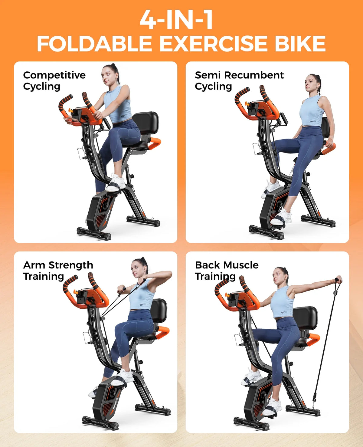 Pooboo 4 - in - 1 Exercise Bike, Foldable Stationary Bike, Tri - Position Indoor Cycling Bike with 8 - Level Resistance, Arm Resistance Bands, Pulse Sensor & Back Support Cushion for Home Gym Workout