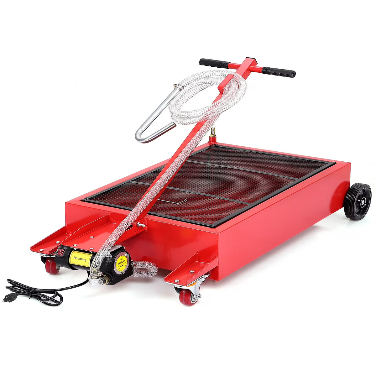 20 Gallon Electric Oil Drain Pan with 110V Pump & 8 Ft Hose, Low Profile & T Folding Handle Oil Drain Cart for Truck Cars Suvs, Red