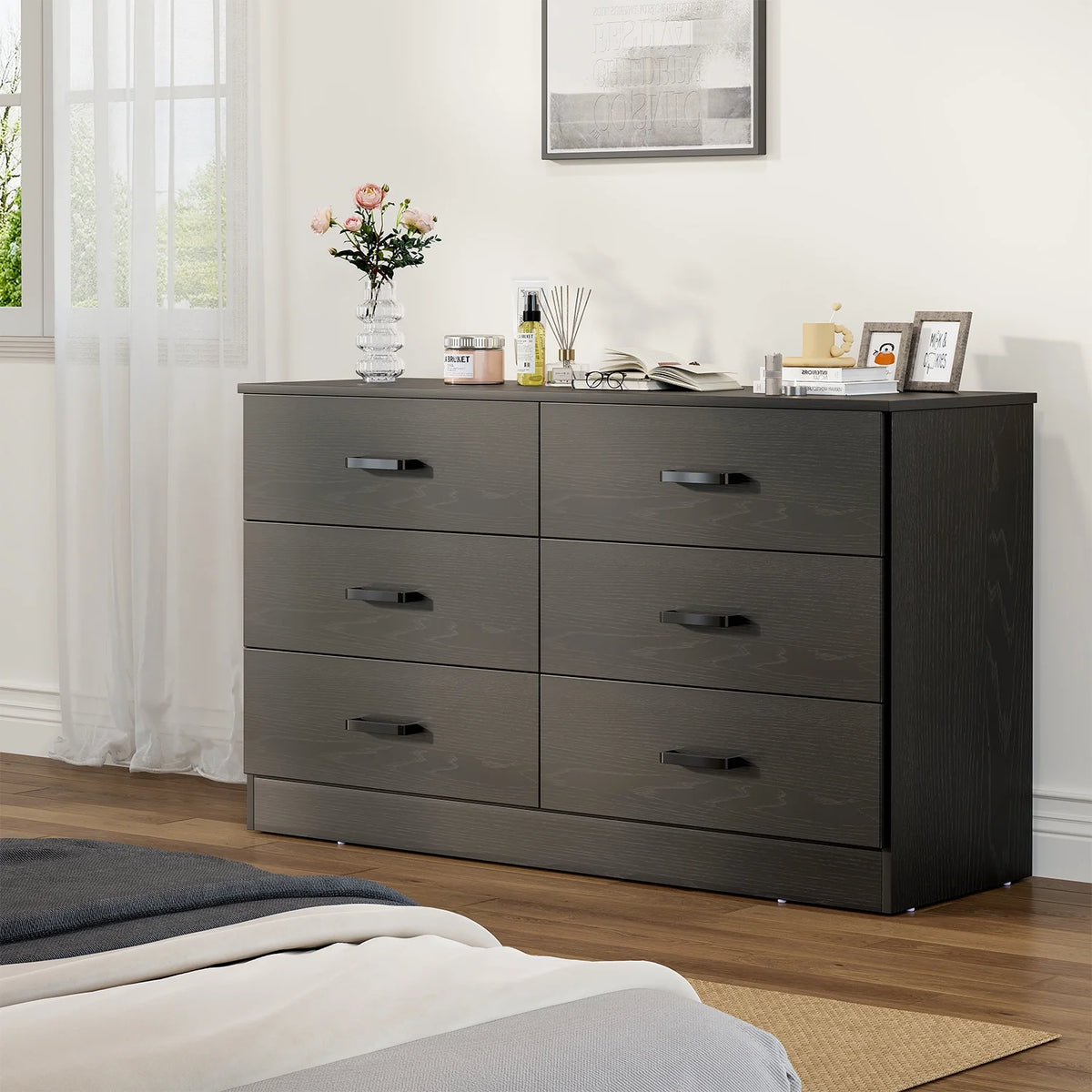 Winkalon 6 Drawer White Double Dresser, Wood Storage Cabinet with Easy Pull Out Handles for Living Room, Chest of Drawers for Bedroom