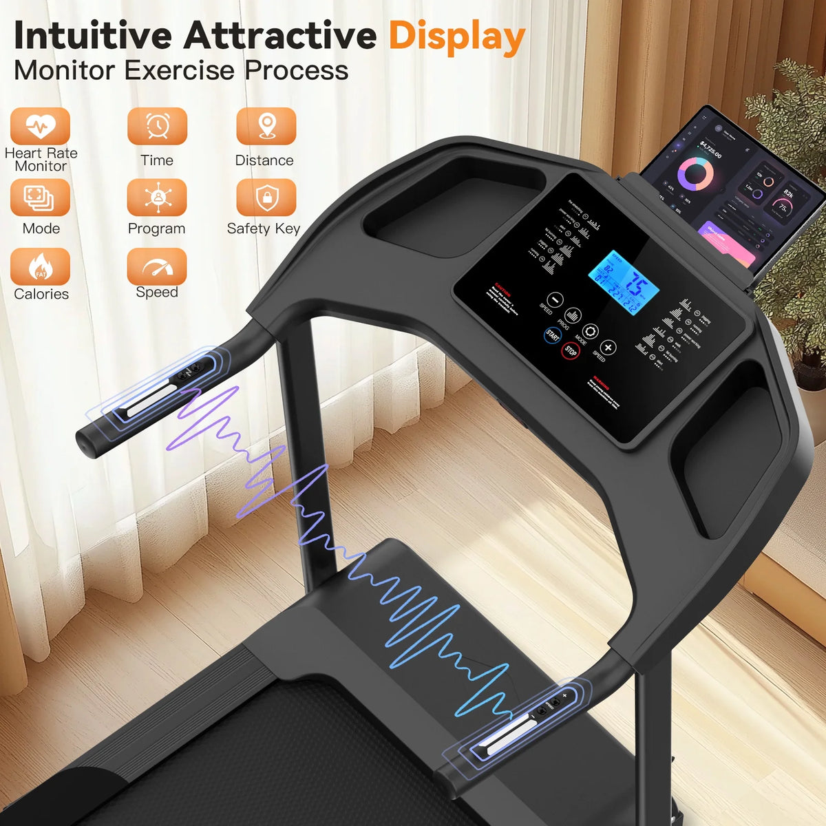 Treadmill with 8% Incline, 3.0 HP Foldable Compact Treadmill with Sit - up Function, 300 lb Walking Running Treadmill with LCD Display for Exercise, 12 Programs
