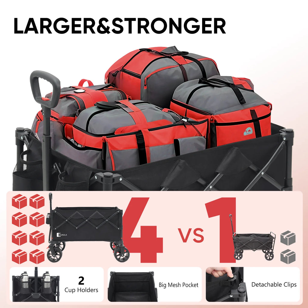 Sekey 330 lb Collapsible Wagon Cart, 220 L Large Capacity Foldable Wagon, Heavy Duty Folding Utility Garden Cart with All - Terrain Wheels for Camp, Beach, Sport, Shop, Grocery (Black, 1 - YEAR - WARRANTY)