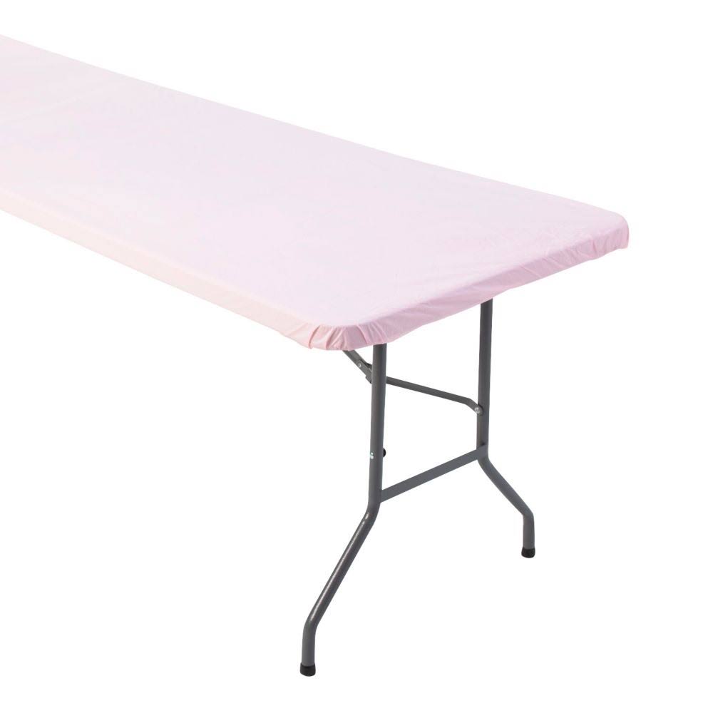 Fun Express 8 ft. Light Pink Fitted Plastic Tablecloth, Size: 40 x 96
