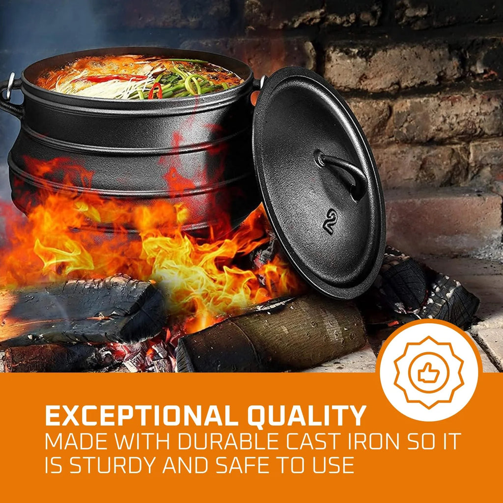 Bruntmor Pre - Seasoned Cast Iron Cauldron - Bruntmor African Potjie Pot with Lid - 3 Legs for Even Heat Distribution - Camping Dutch Oven Cookware for Over - the - Fire Cooking - 10 Quarts, X - Large