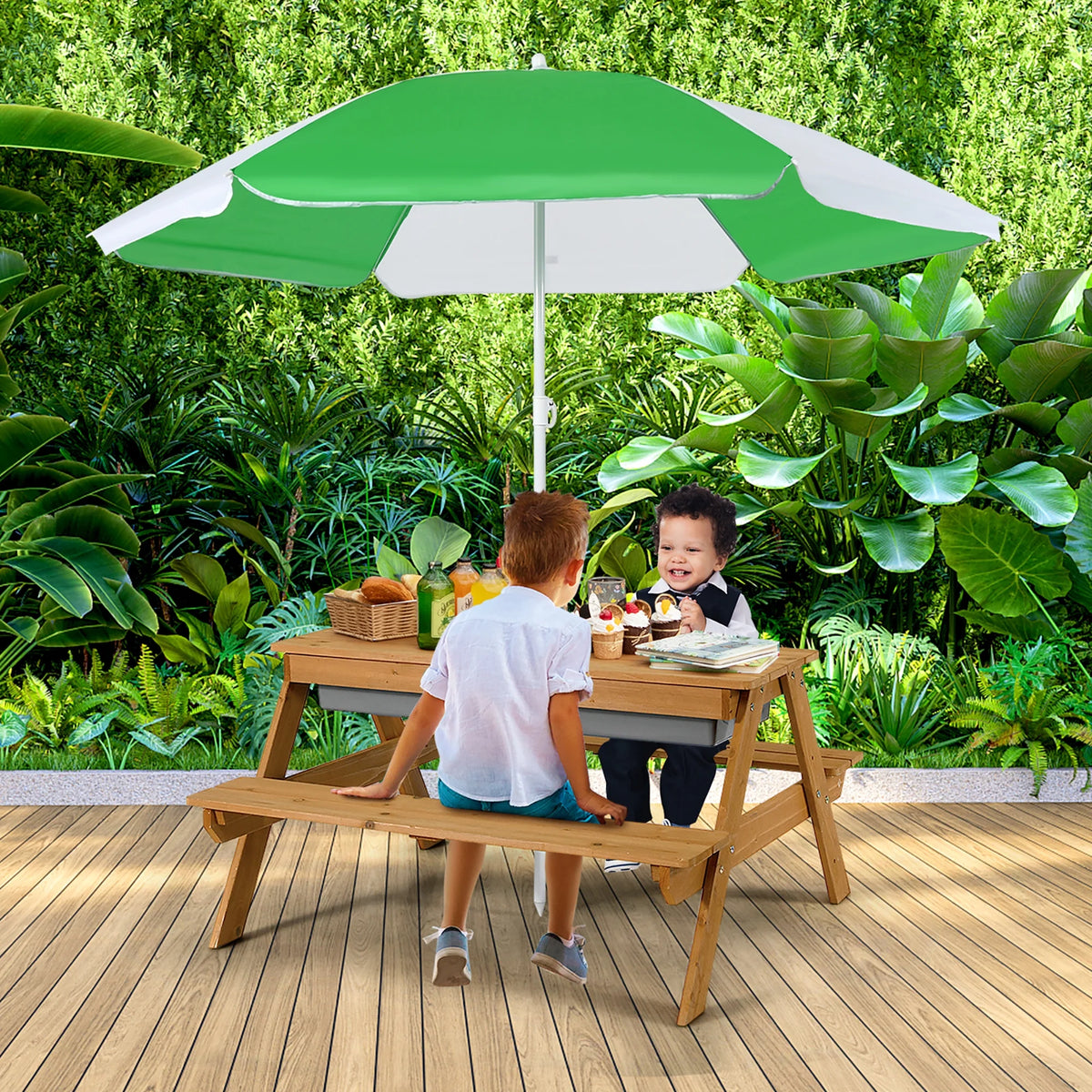 Costway 3 - in - 1 Kids Picnic Table Wooden Outdoor Sand & Water Table with Umbrella Play Boxes Green