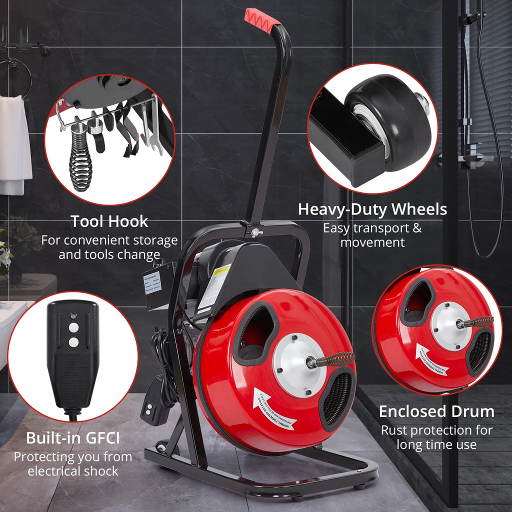 Roromall Drain Cleaner Machine 50FT/75FT/100FT x 3/8 - Inch/1/2 - Inch Sewer Auger Electric Drain Auger Sewer Snake with 4 Cutter, Air - Activated Foot Switch, Gloves