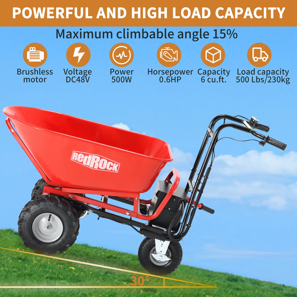 Redrock Wheelbarrow Utility Cart Electric Powered Cart 48v28ah 500W Capacity 500 lb (230kg) Material Debris Hauler 1000 lb Towing