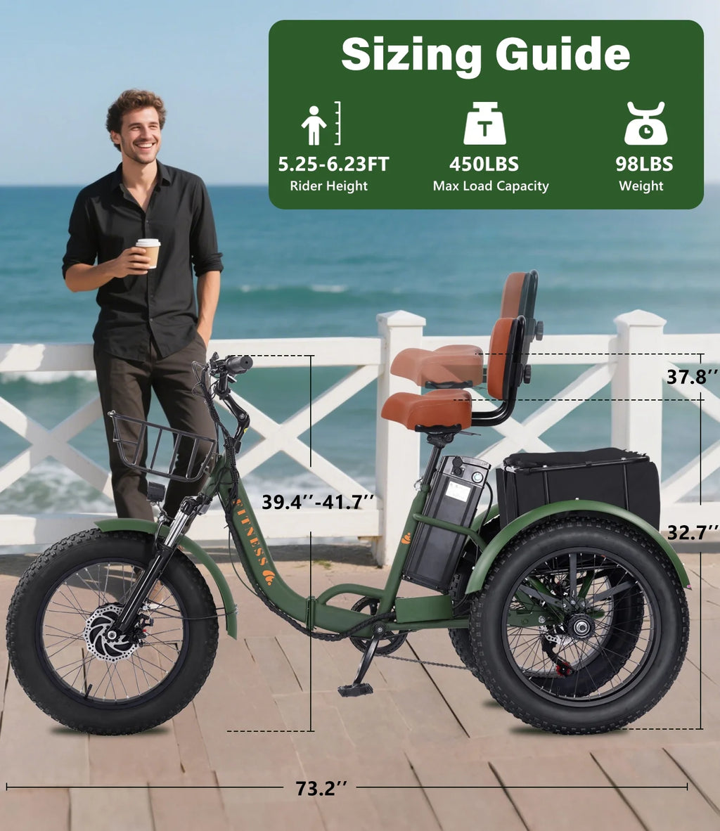 YEBEI Electric Tricycle for Adults Folding E - Trike Motorized Tricycle Electric 3 Wheels Trike Powerful 500W Motor Electric Tricycle 48V15AH Lithium Battery Max 20MPH 20*4.0" Fat Tire Orange