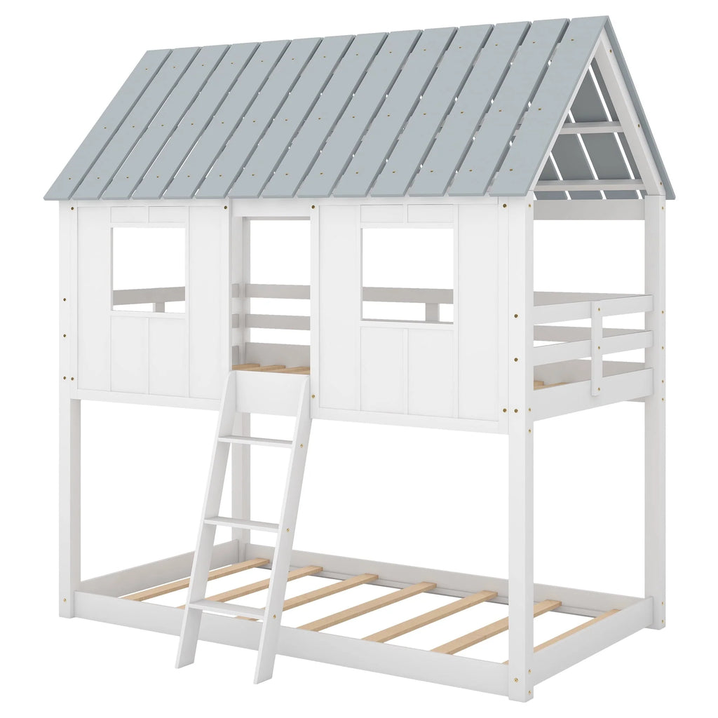 Euroco Twin Over Twin Low Bunk Bed with Roof and Guardrail for Kids Room, White