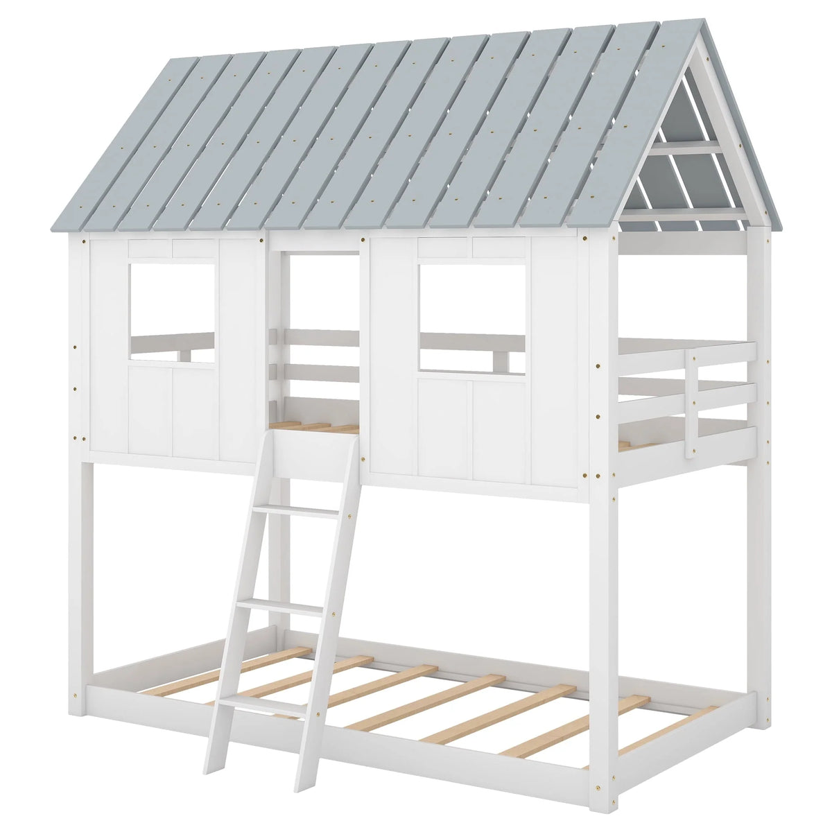 Euroco Twin Over Twin Low Bunk Bed with Roof and Guardrail for Kids Room, White